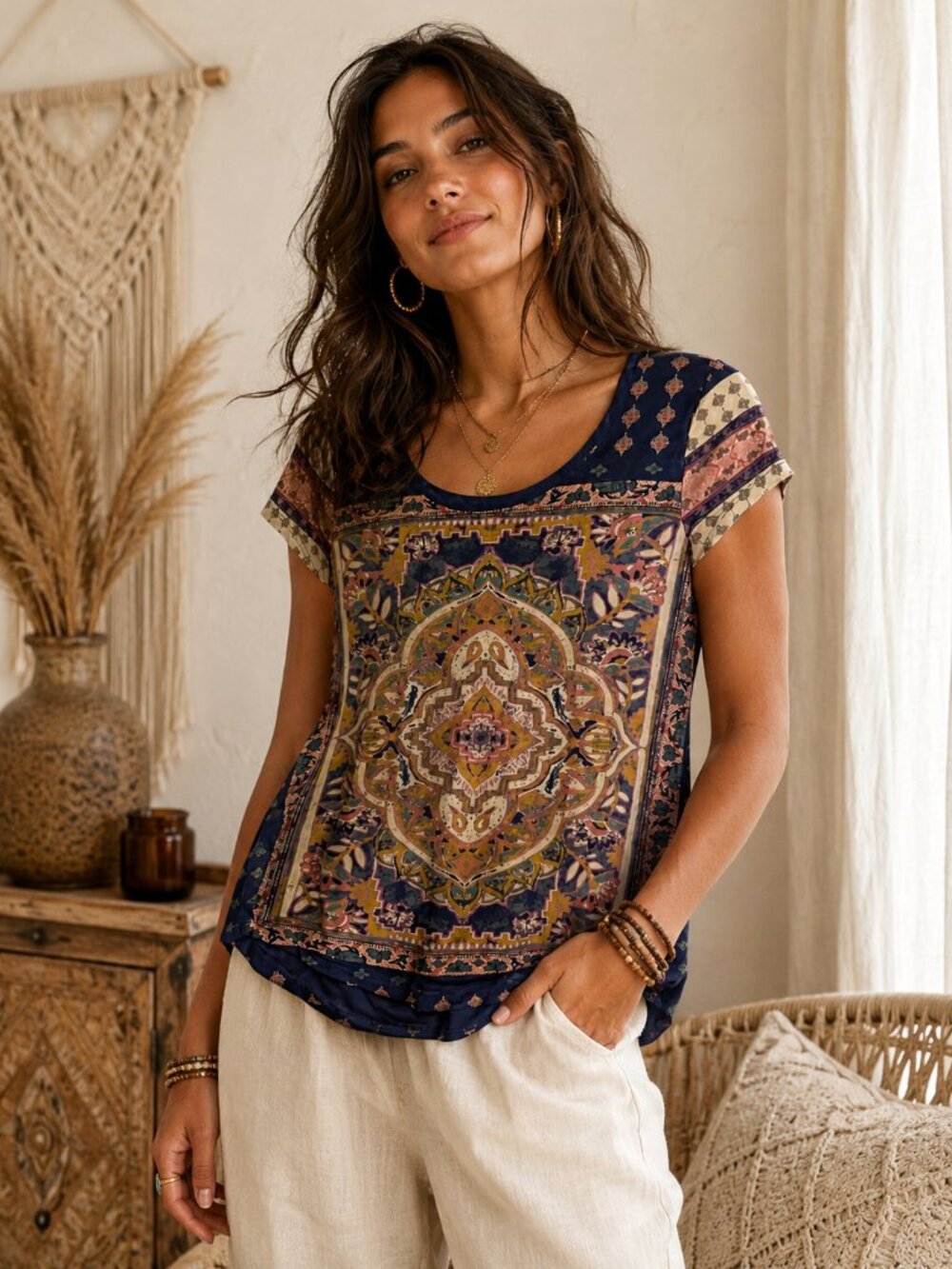 Persian Carpet Tee Navy Blue Mandala Boho Print Short Sleeve Top
